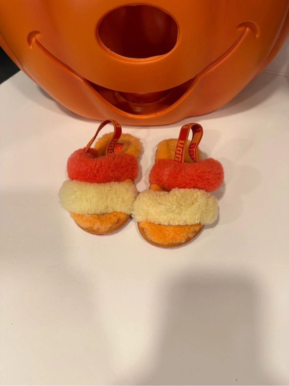 UGG Kids Orange and Cream Shearling Slide Sandals